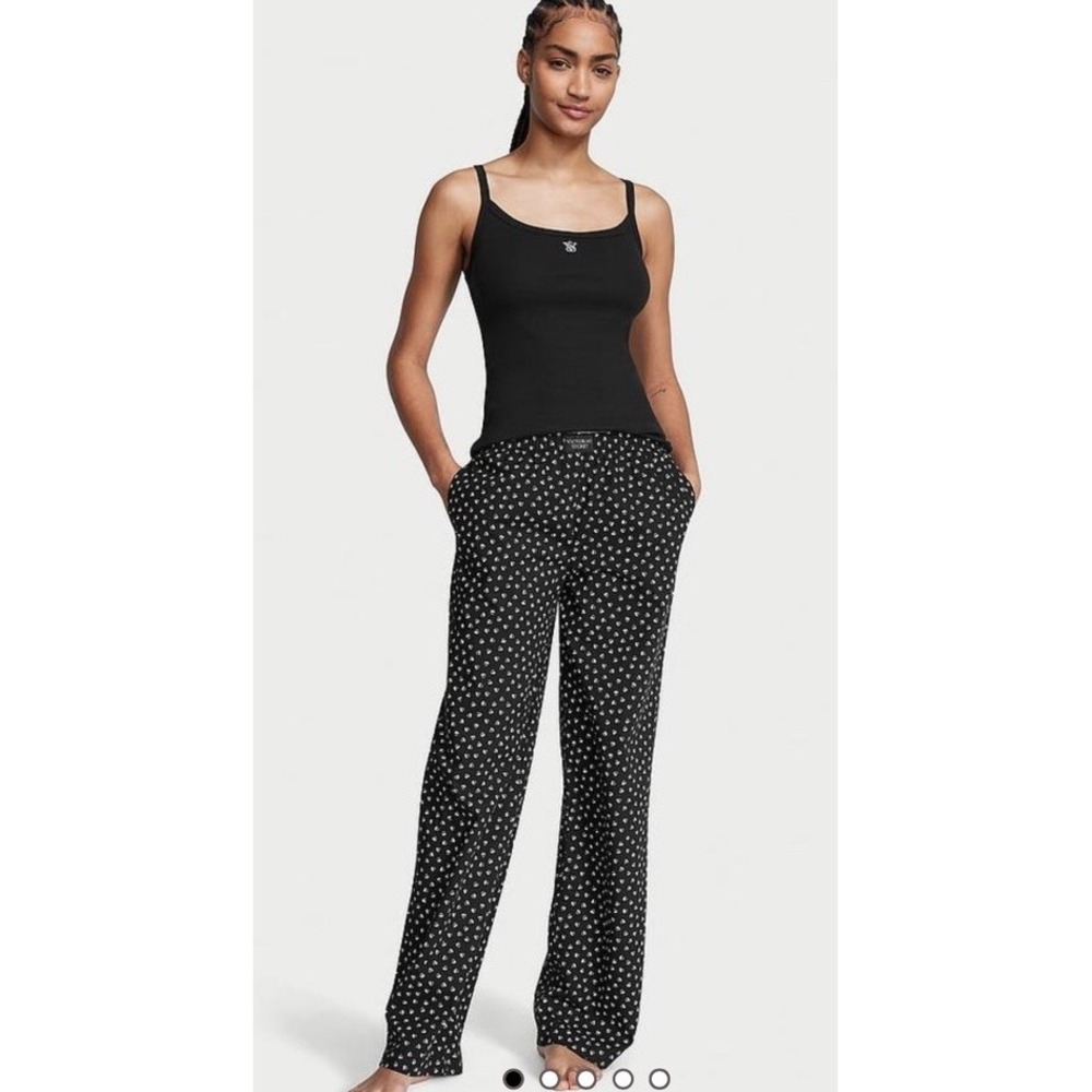 Victorias Secret Pajama Set Ribbed Camisole Wide Leg Polka Dot Pants Long Sz Med